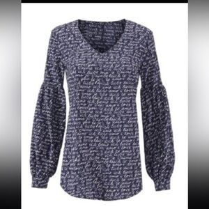 Cabi Te Amo Navy Blue Script Print Long Puff Sleeve Top Blouse